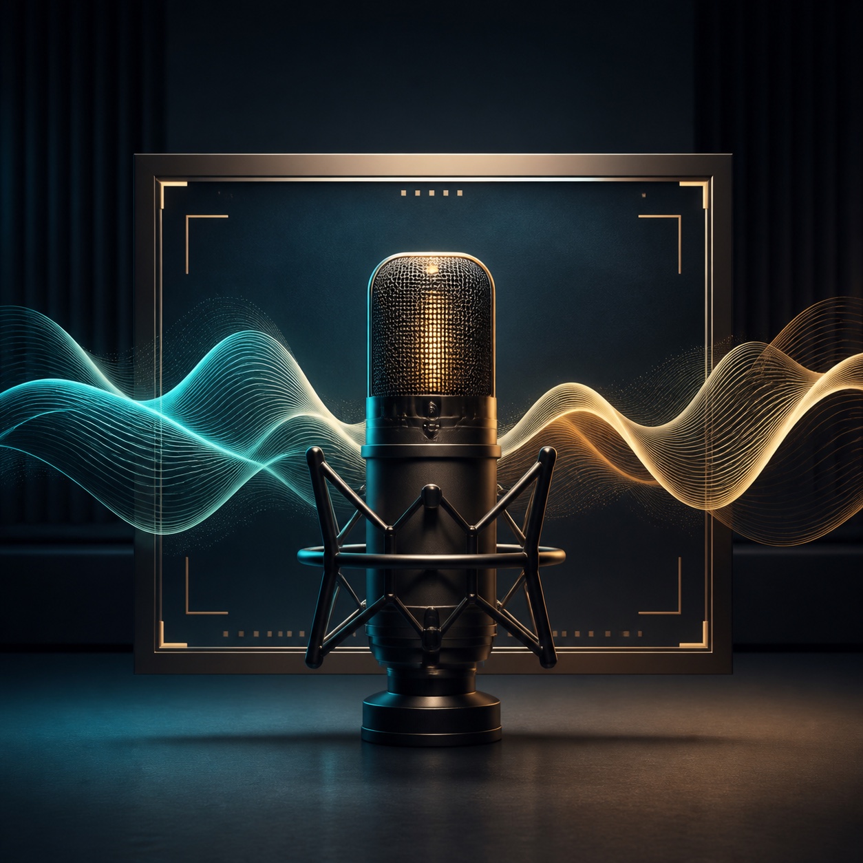 Illustration of a studio microphone between teal and gold audio waveforms