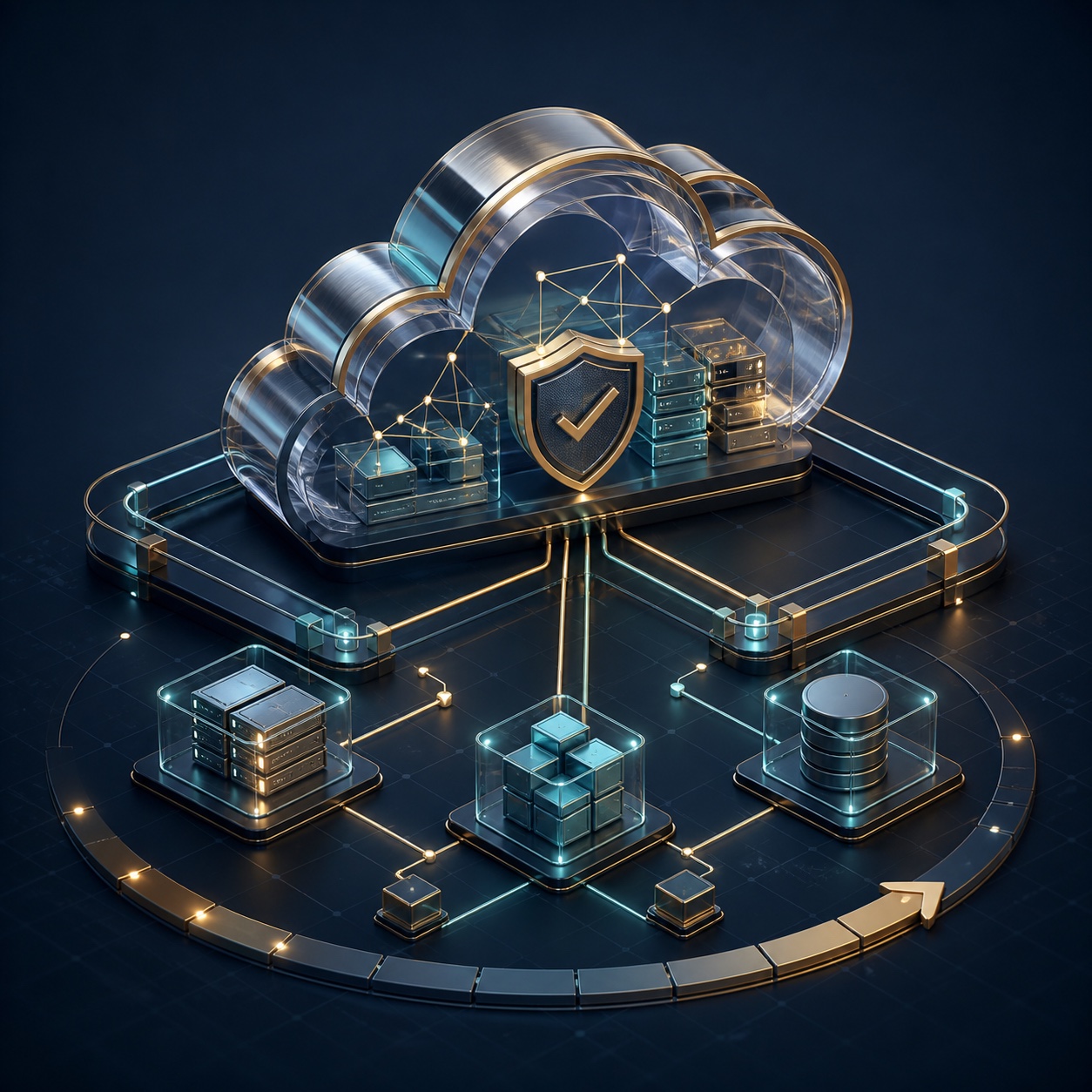 Illustration of a transparent cloud, shield, servers, database, and connected infrastructure