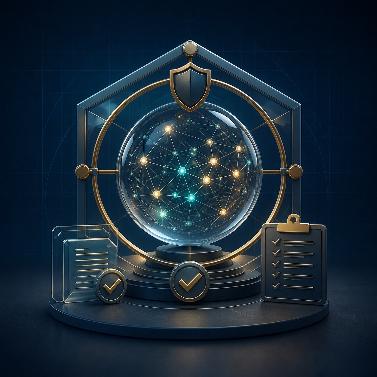 Illustration of a networked glass globe with shield, document, and checklist symbols